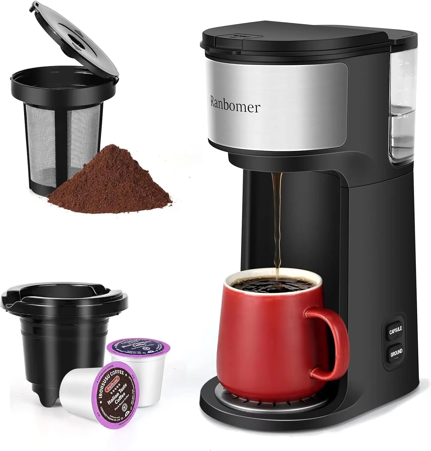 Single Serve Coffee Maker, K Cup and Ground Coffee Machine 2 in 1, 6 to 14 Oz Brew Sizes, Mini One Cup Coffee Maker