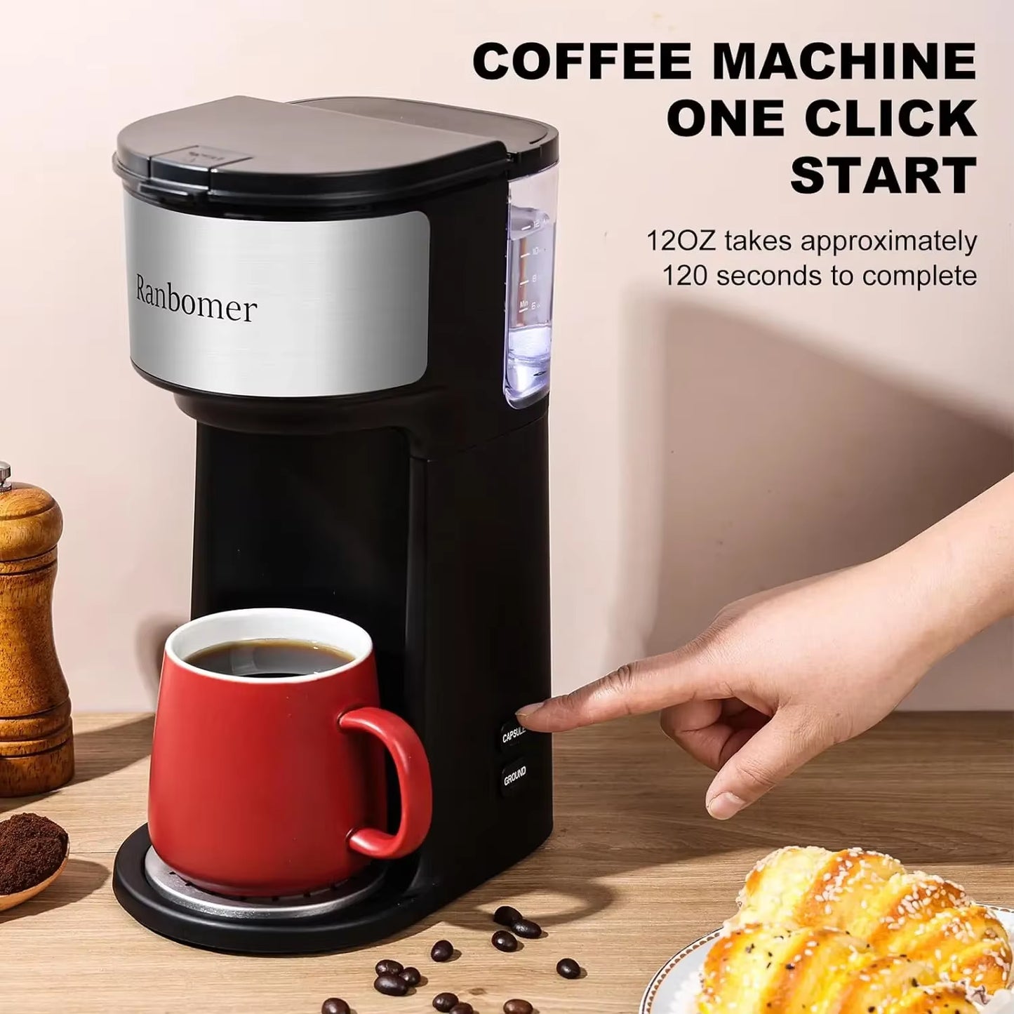 Single Serve Coffee Maker, K Cup and Ground Coffee Machine 2 in 1, 6 to 14 Oz Brew Sizes, Mini One Cup Coffee Maker